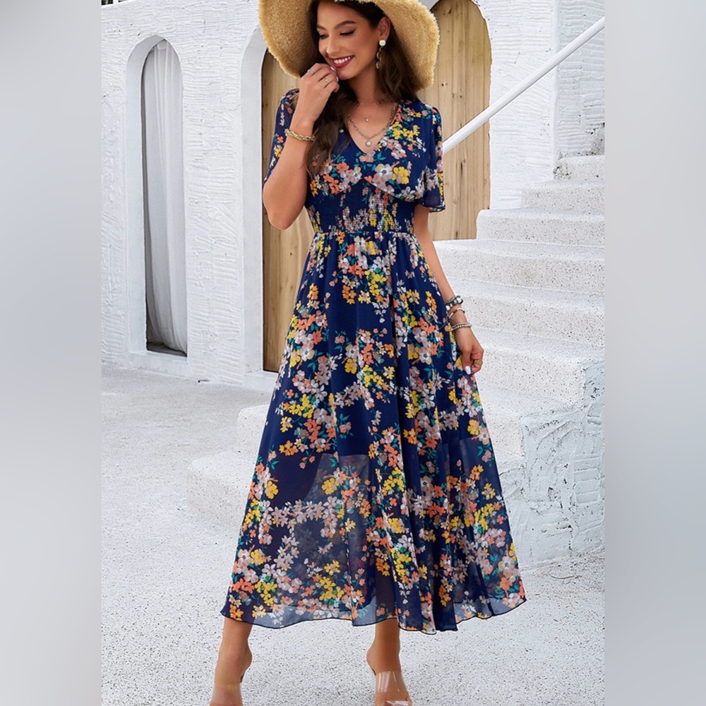 NWOT Floral Navy Maxi Dress with Smocked Waist Medium